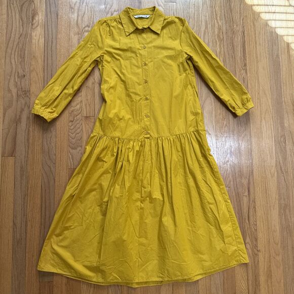 ZARA Mustard Yellow Poplin Midi Dress Women’s Small Button Front Long Sleeve Poc - Picture 1 of 7
